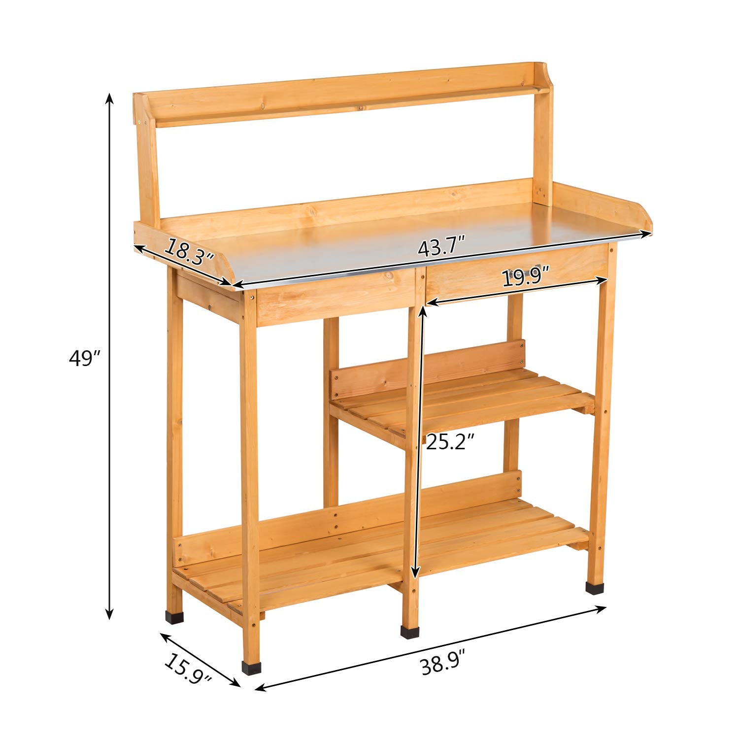 KINSUITE Outdoor Garden Potting Bench Metal Galvanization Tabletop Drawer Rack Shelves Work Station