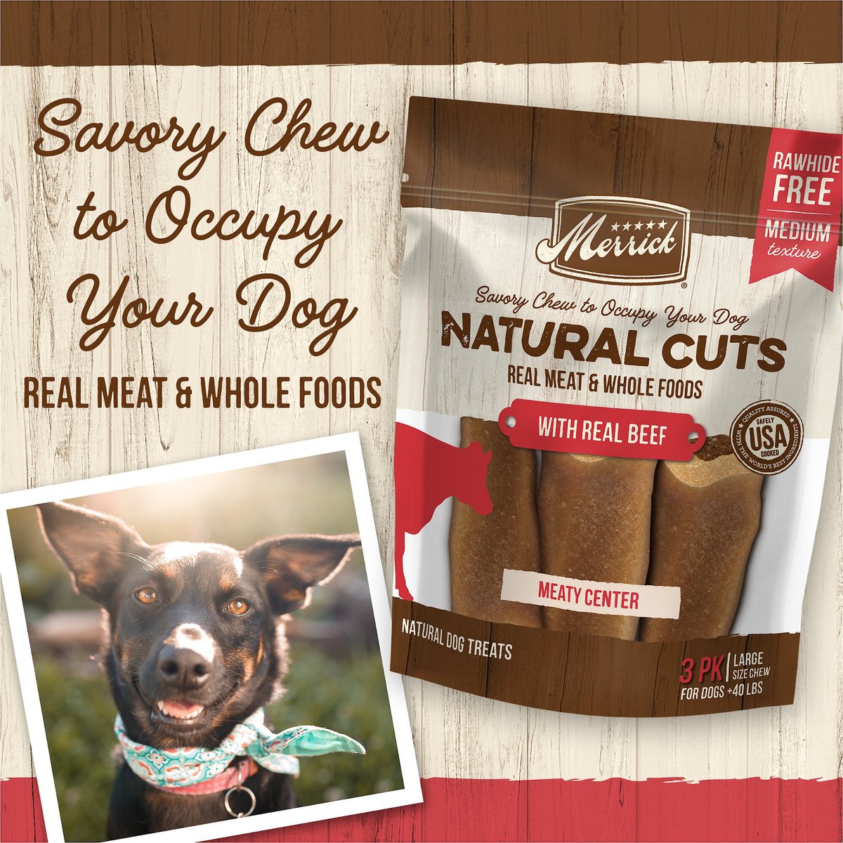 Merrick Natural Cuts Large Real Beef Flavor Rawhide Free Dog Treats， 3 count