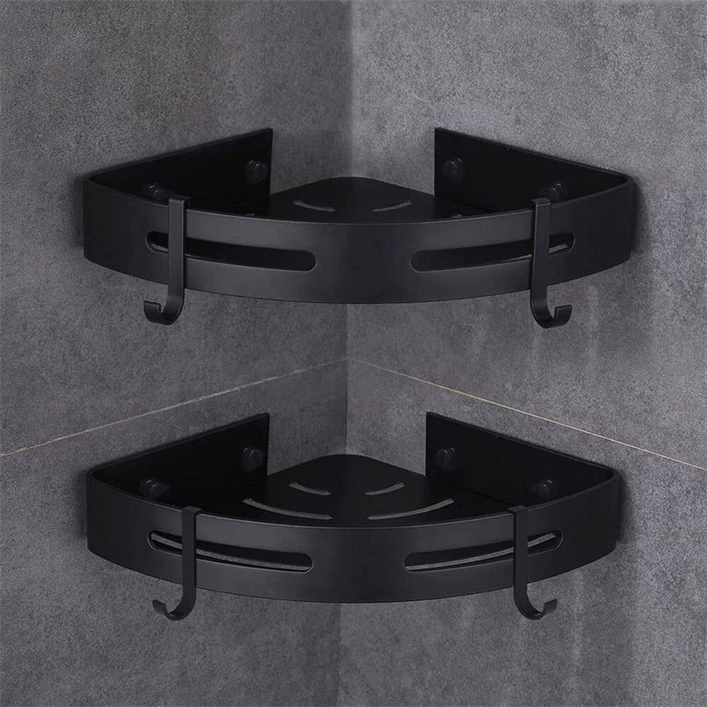 Cubilan Wall Mounted Bathroom Shower Caddies Corner Storage Shelf with 4 Hooks in Black (2-Pack) HD-HSD