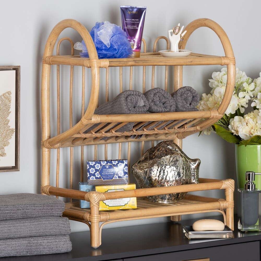 Liora Bohemian Natural Brown Finished Rattan 2 Tier Display Shelf