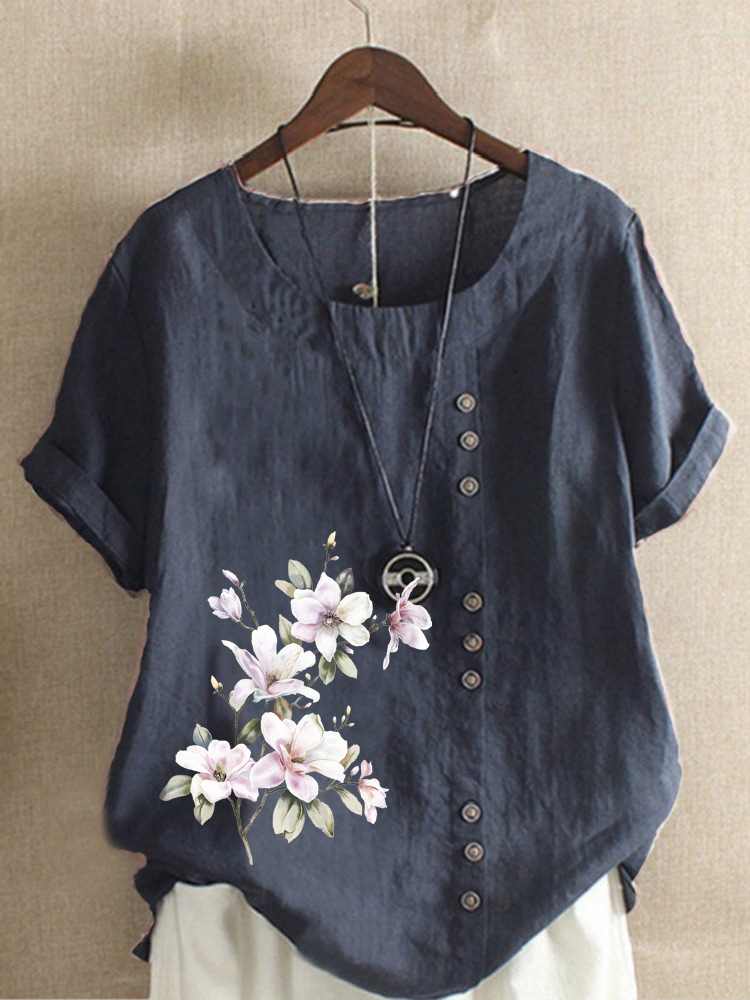 Round Neck Casual Loose Floral Print Short Sleeve Blouse