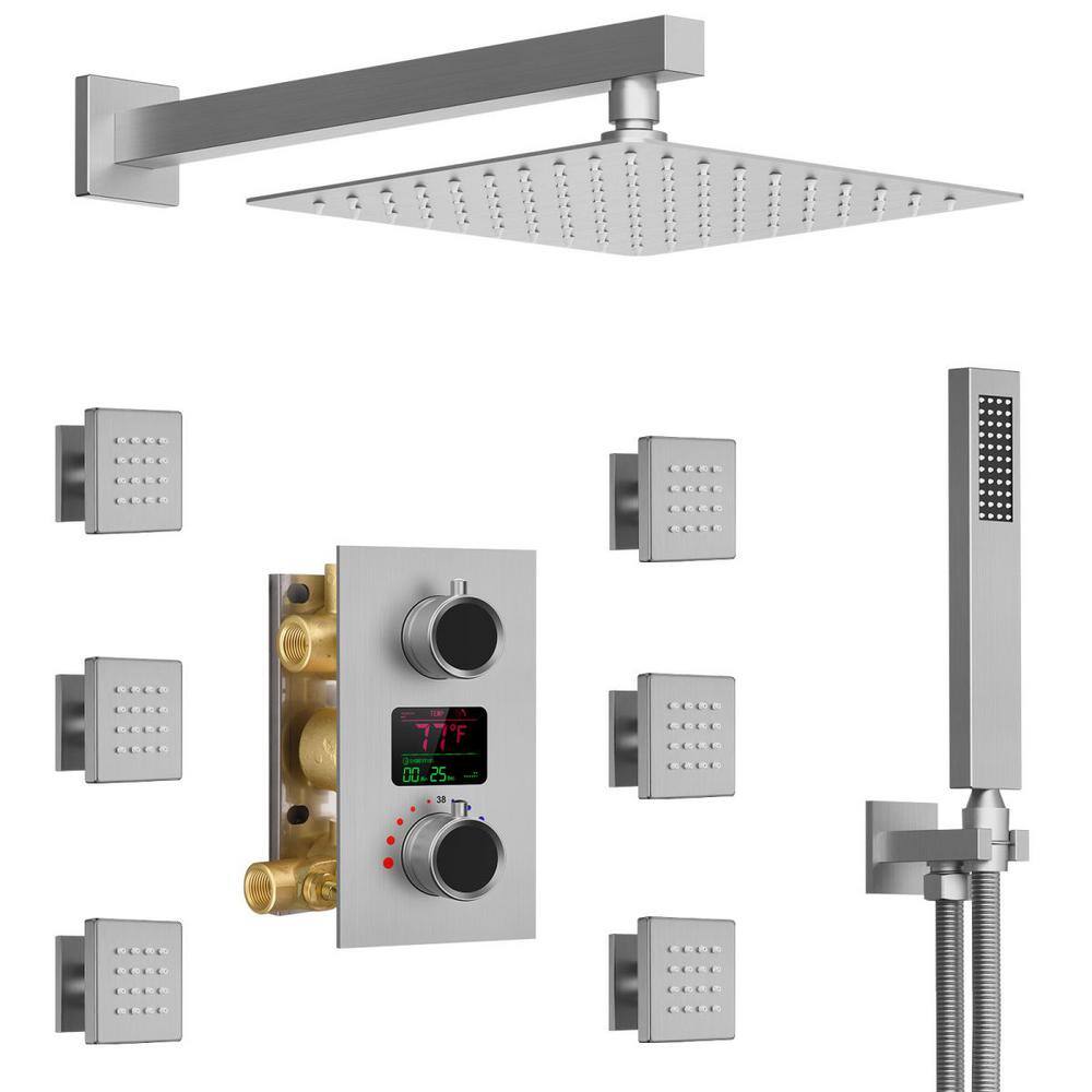 GRANDJOY Pressure Balance Shower 3-Spray Wall Mount 12 in. Fixed and Handheld Shower Head 2.5GPM in Brushed Nickel Valve Included GJSFS-1014-NK12