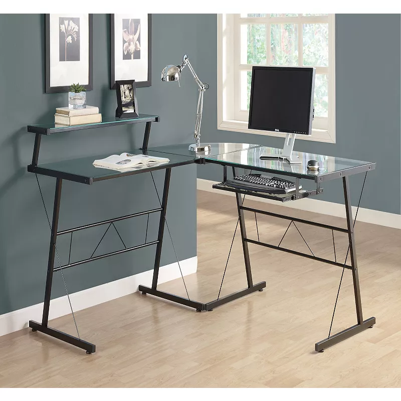 57 Black Contemporary L-Shaped Computer Desk with Tempered Glass