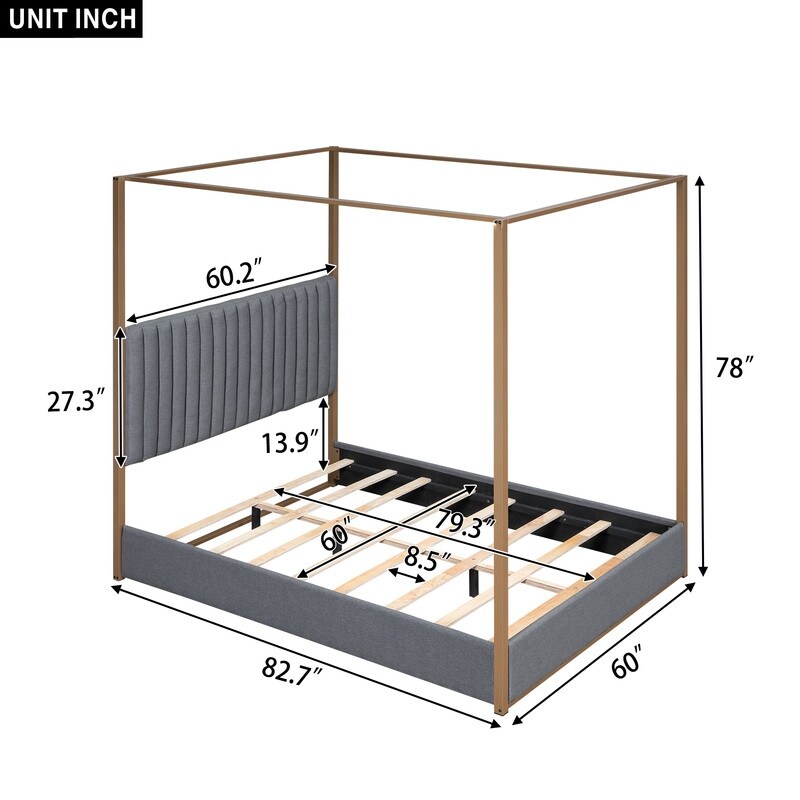 Queen Size Wood Upholstery Canopy Platform Bed w/Headboard and Metal Frame