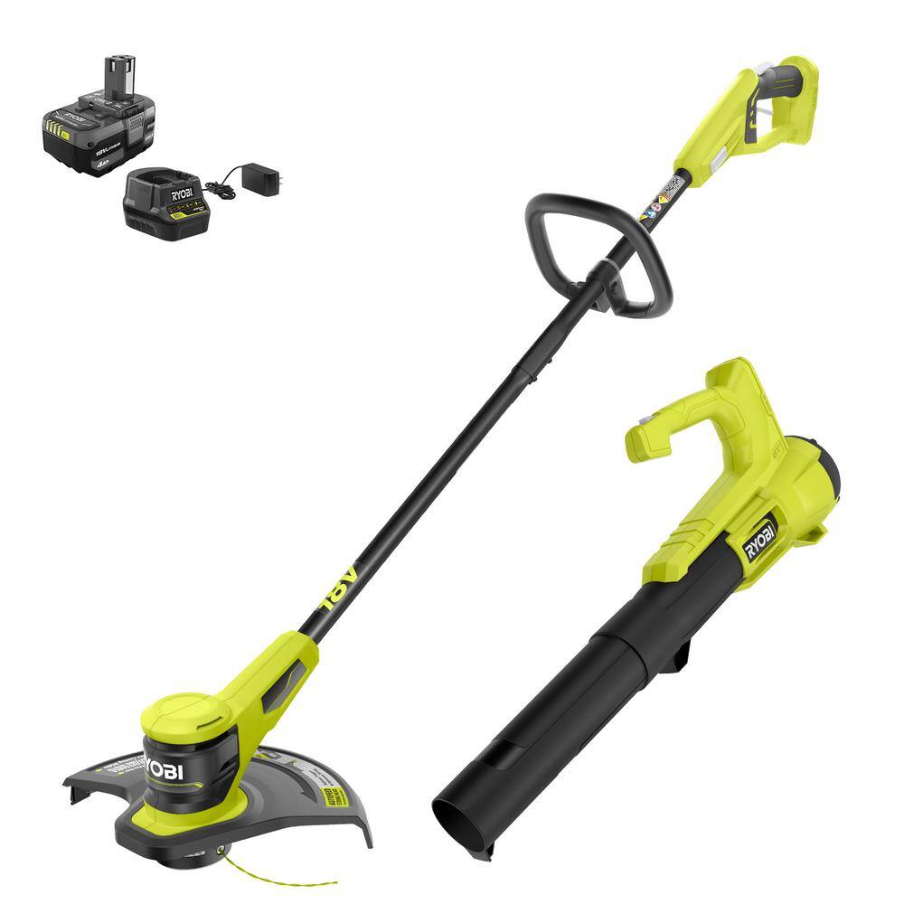 RYOBI ONE+ 18V Cordless Battery String Trimmer and Blower Combo Kit (2-Tools) with 4.0 Ah Battery and Charger P20151