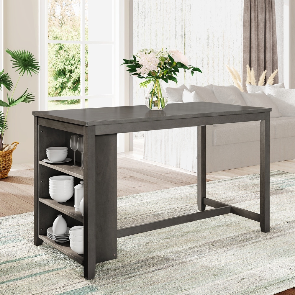 Rustic 5 Pieces Counter Height Dining Table Set Gray Wooden Bar Table Set with 3 Tier Storage Shelf  2 Stools and 2 Chairs