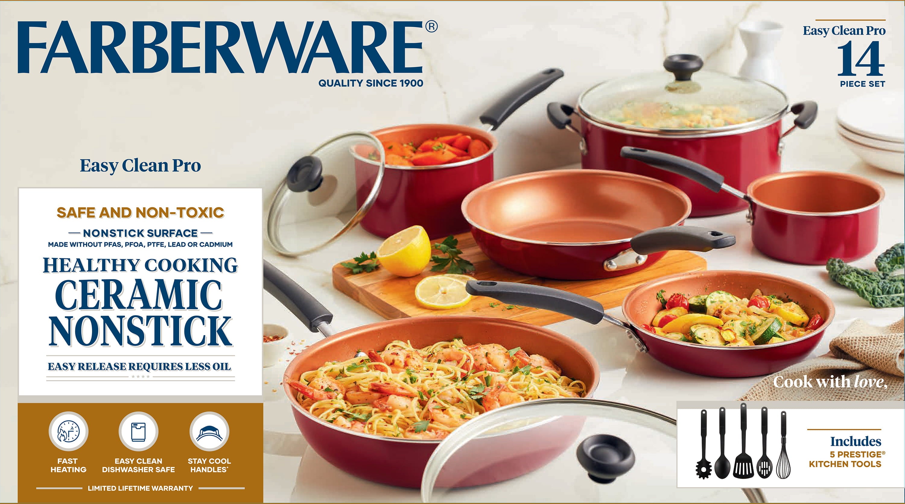 Farberware Easy Clean Pro Aluminum Nonstick Cookware Pots and Pans Set, 14-Piece, Red