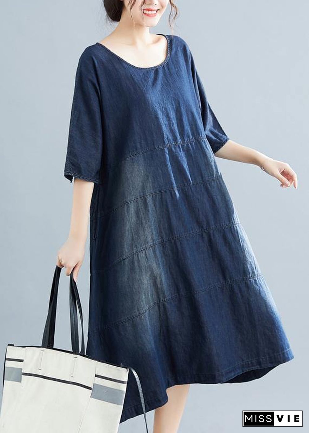 Natural denim blue Cotton outfit 18th Century Catwalk o neck Midi Summer Dresses