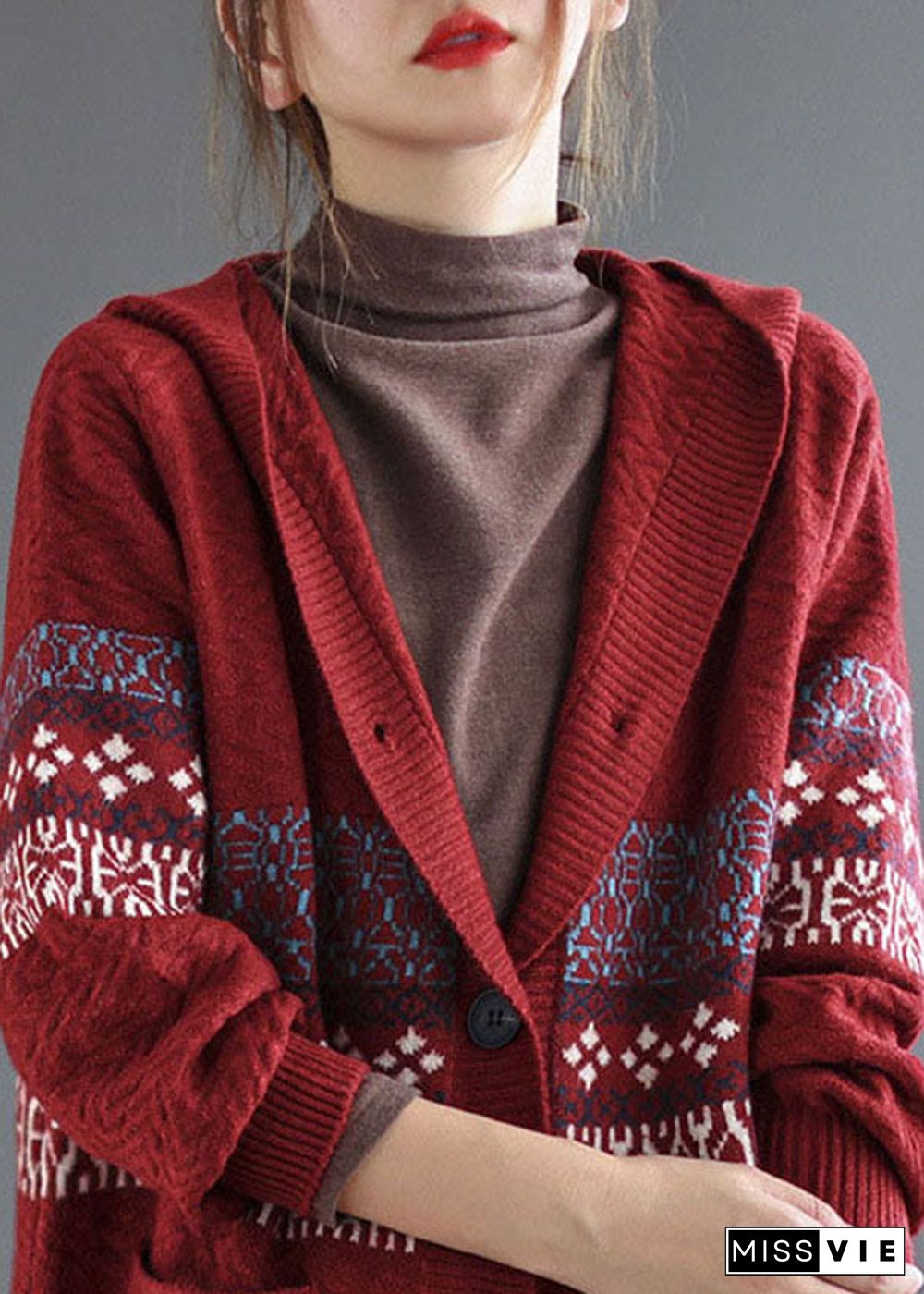 Red Pocket Print Knitted Coats Cardigans Hooded Long sleeve