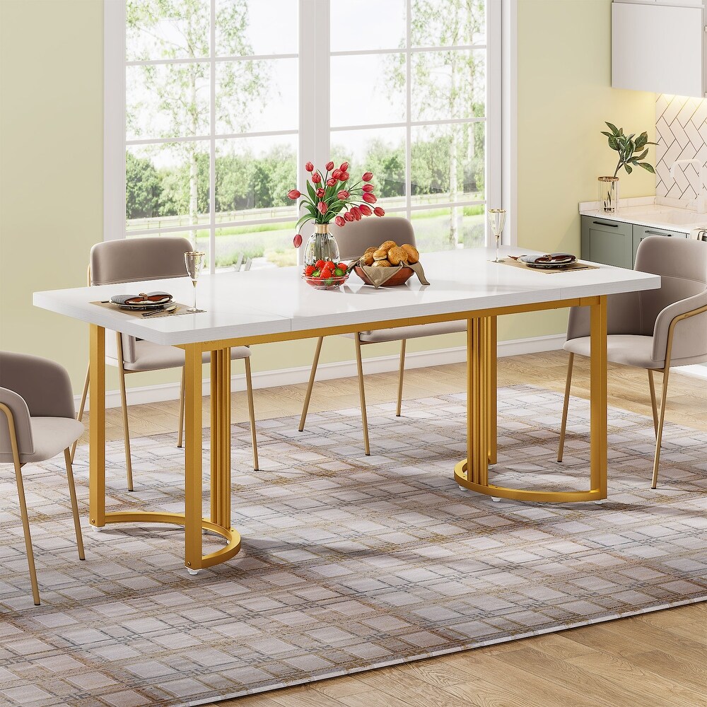 Modern Dining Table for 6 to 8  71 Inch White Kitchen Table with Gold Base  Rectangular Dinner Table for Dining Room