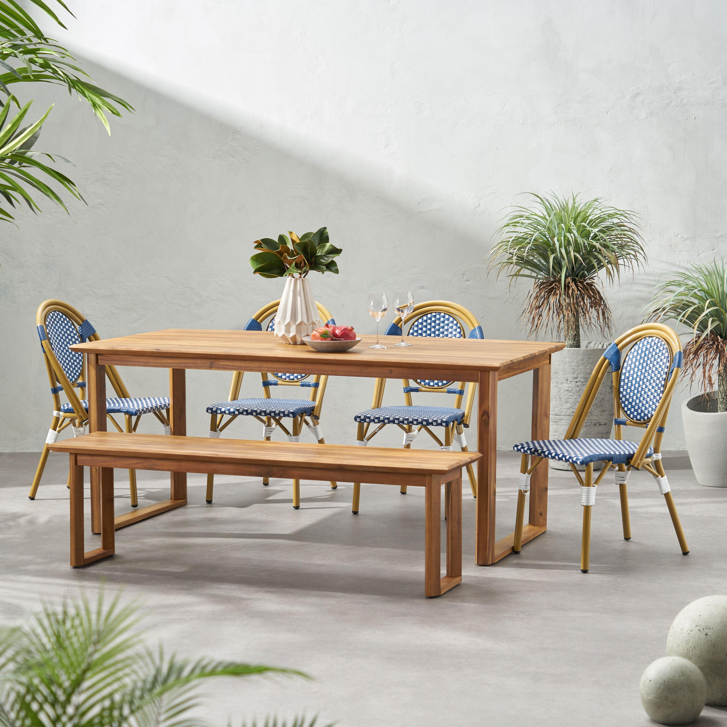 Varva Outdoor Acacia Wood and Wicker 6 Piece Dining Set with Bench