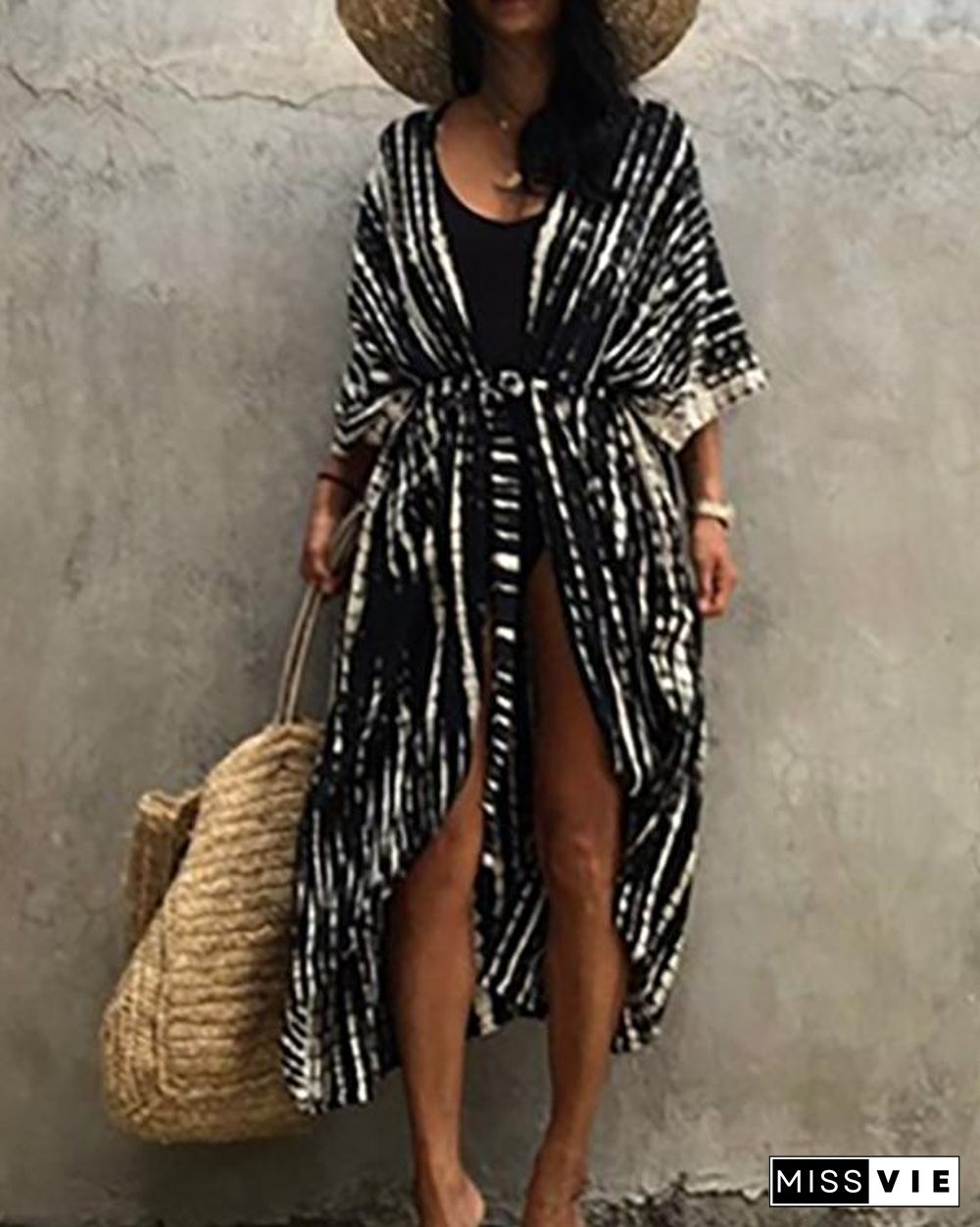 Bikini Cover-ups Retro Striped Self Belted Women Summer Kimono Dress Beach Wear