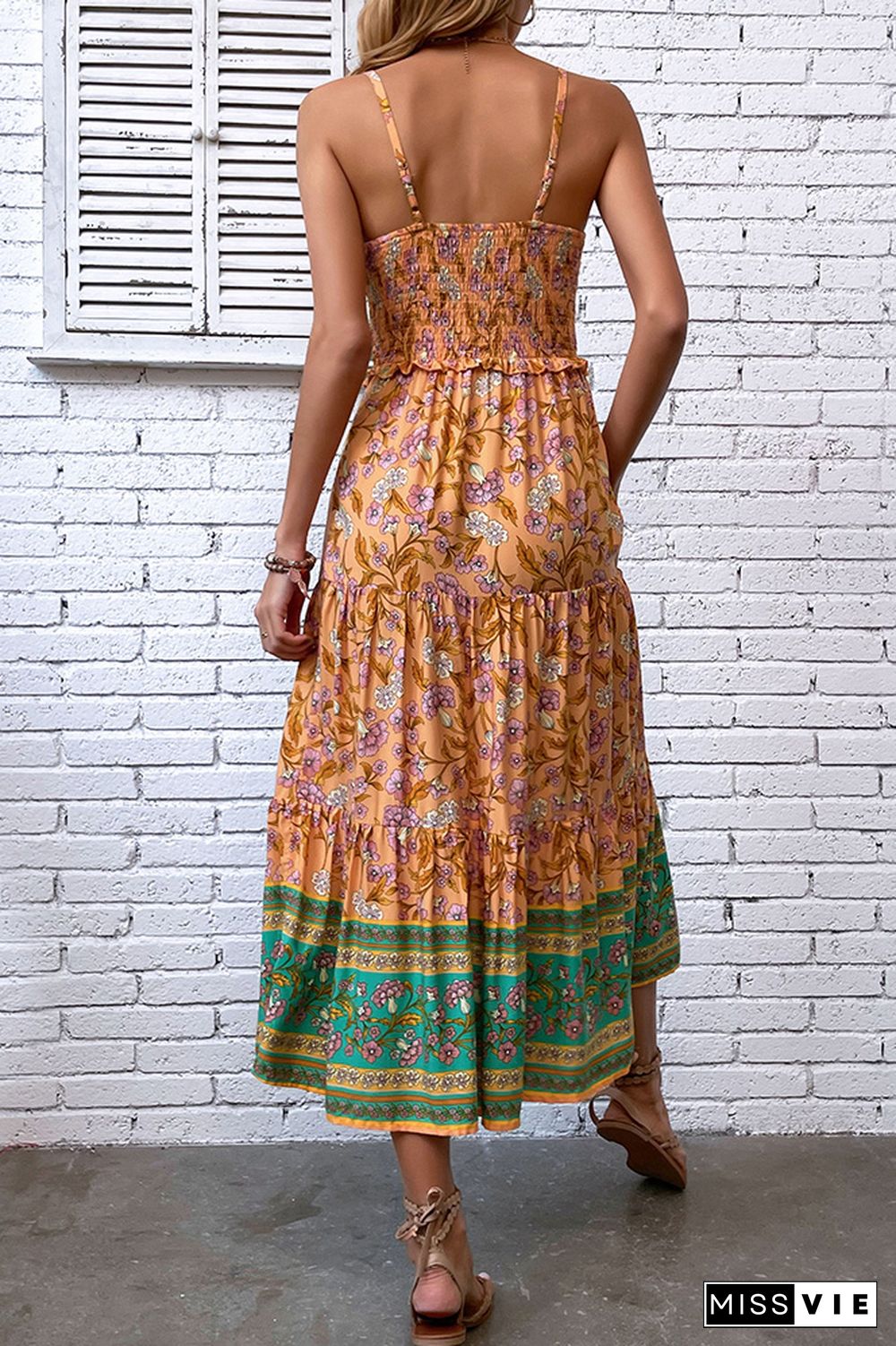 Orange Boho Flower Print Spaghetti Dress