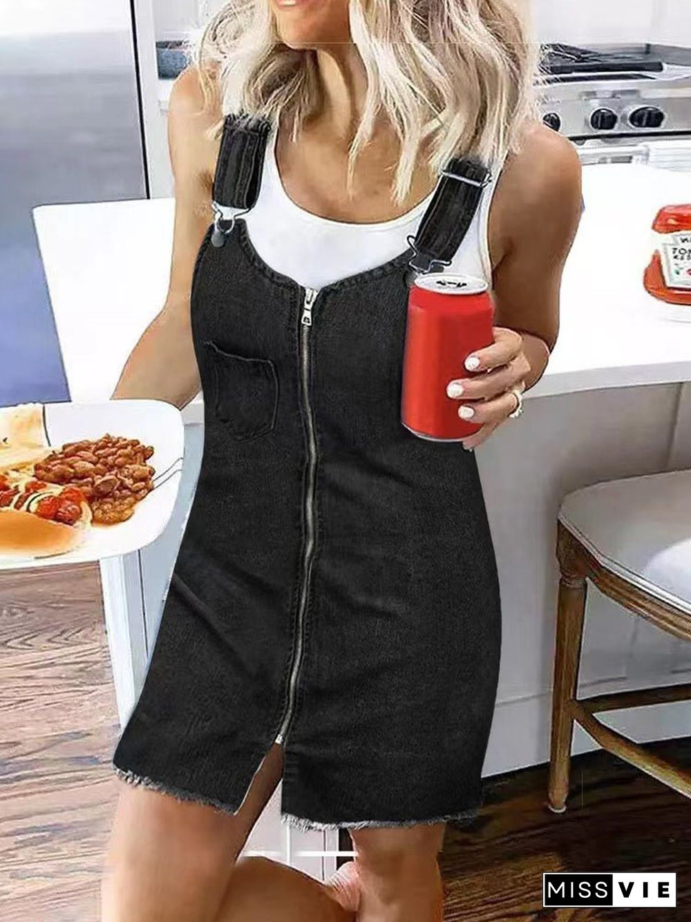 Women'S Dresses Zip Pocket Suspenders Strap Denim Dress