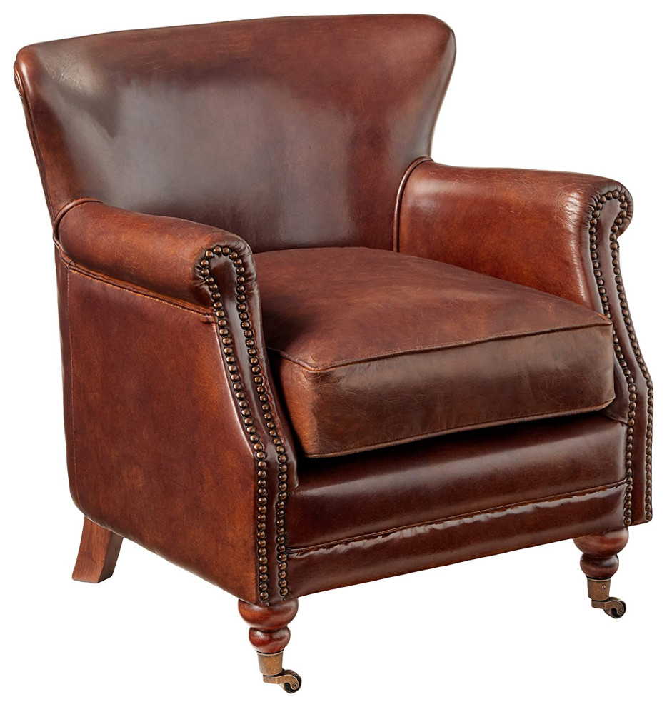 Elegant Accent Chair  Grain Leather Seat With Rolled Arms and Nailhead Trim   Traditional   Armchairs And Accent Chairs   by Declusia  Houzz