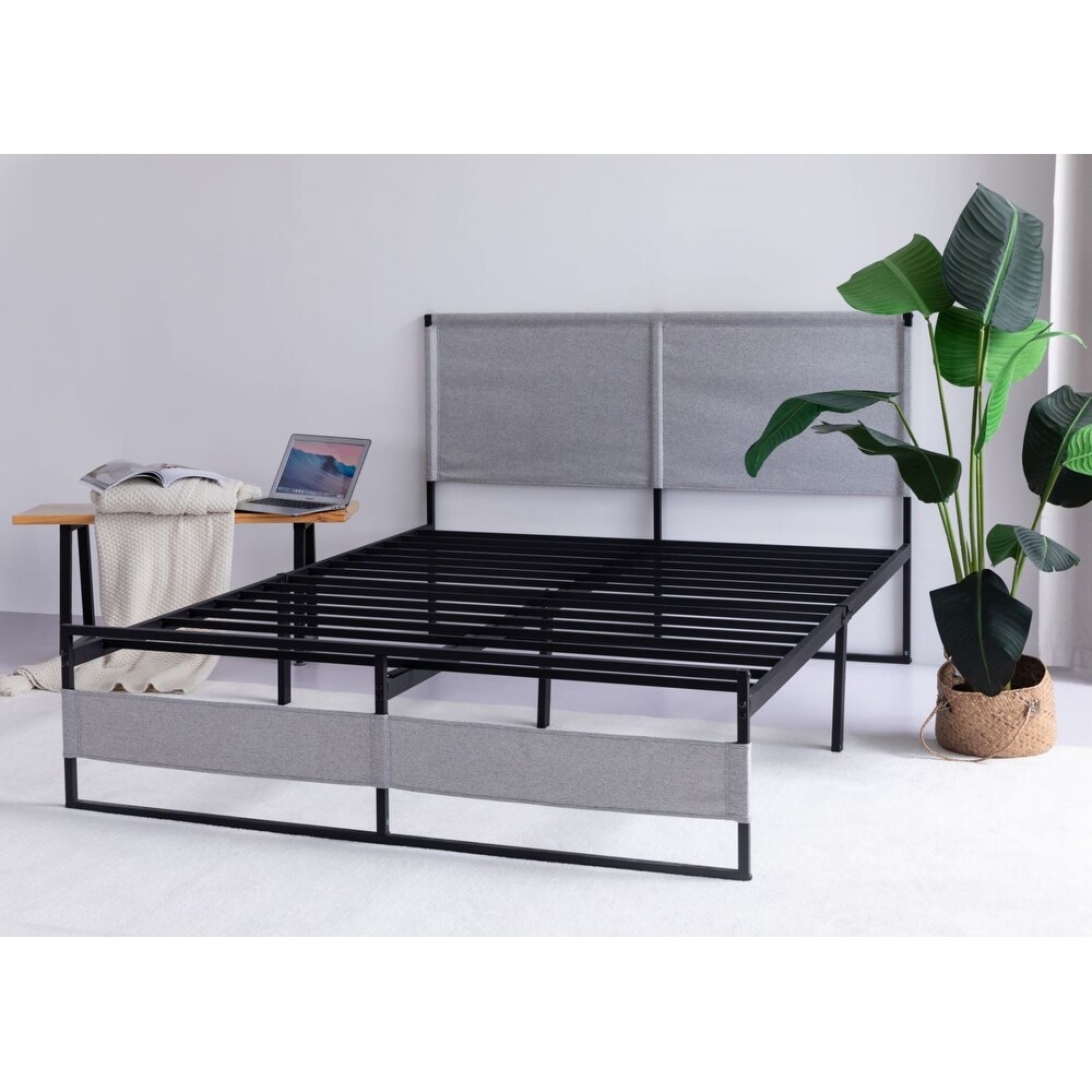 Metal King Size Bed Frame with Grey Headboard Footboard Sturdy Simple