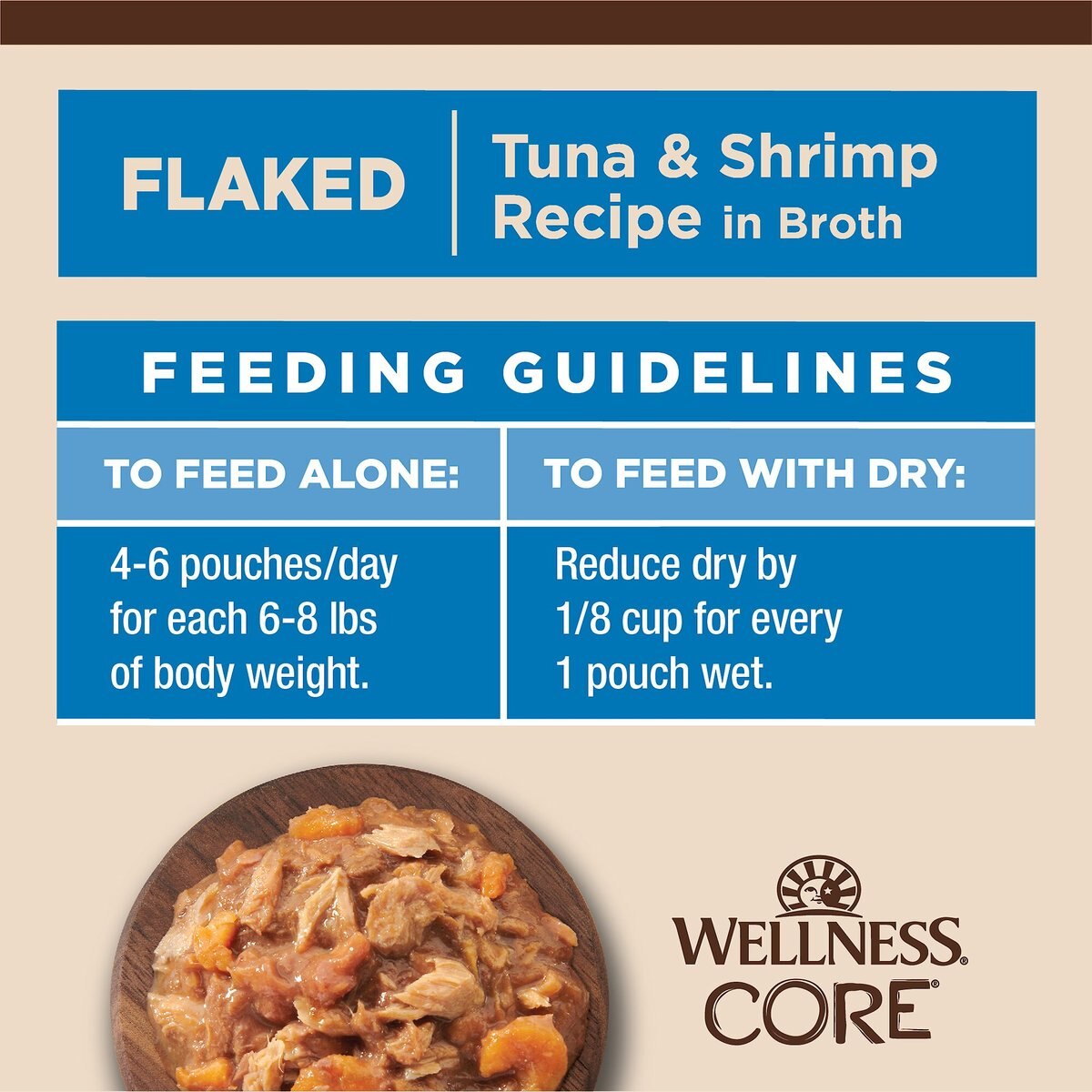 Wellness CORE Tiny Tasters Tuna and Shrimp Grain-Free Flaked Wet Cat Food， 1.75-oz pouch， case of 12