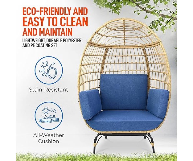 Serenelife Wicker Rattan Egg Chair Indoor Outdoor Blue Sofa Chair For Patio Backyard And Living Room With 4 Cushions And Powder Coated Steel Frame