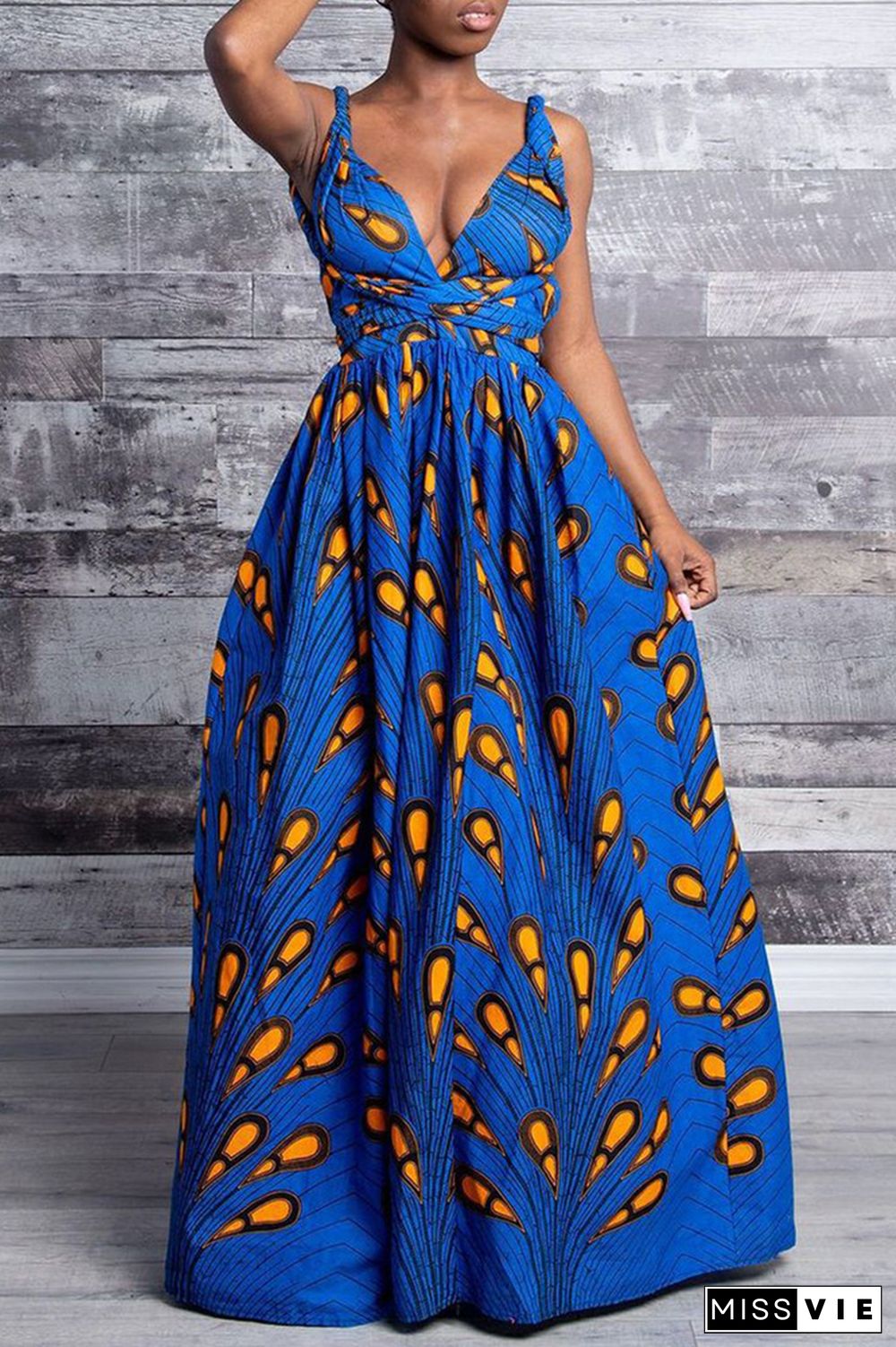 Blue Vintage Print Patchwork Backless V Neck A Line Dresses