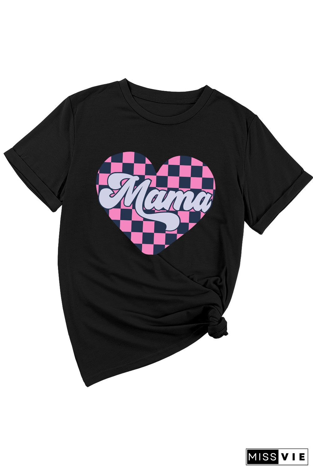 Black Mama Checkered Heart Shape Print Crewneck T Shirt