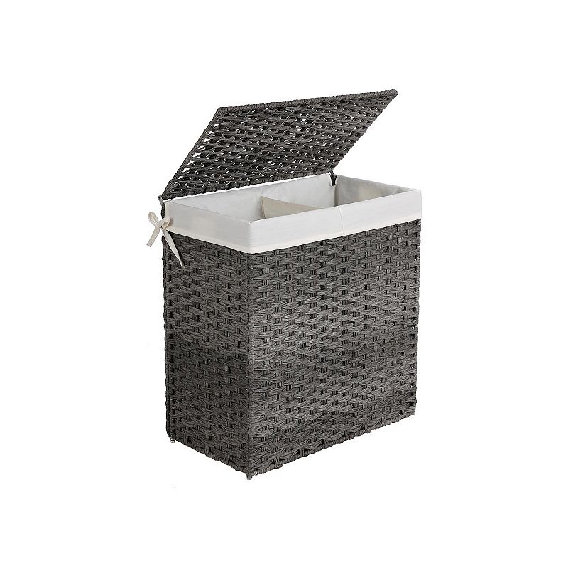 Synthetic Rattan Laundry Hamper with Lid， 2 Sections Removable Liner Bag