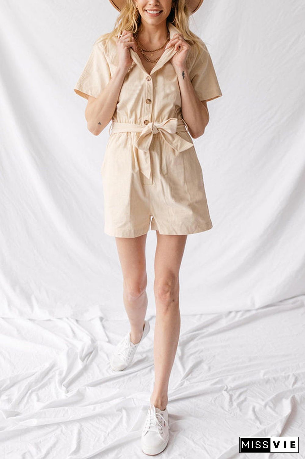 Turndown Collar Button Belted Romper