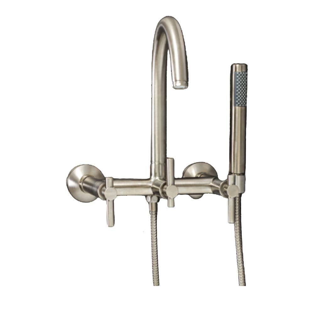 PELHAM  WHITE Modern 3-Handle Wall Mount Tub Faucet with Handshower and Hose Metal Levers in Brushed Nickel PW82410-L-BN