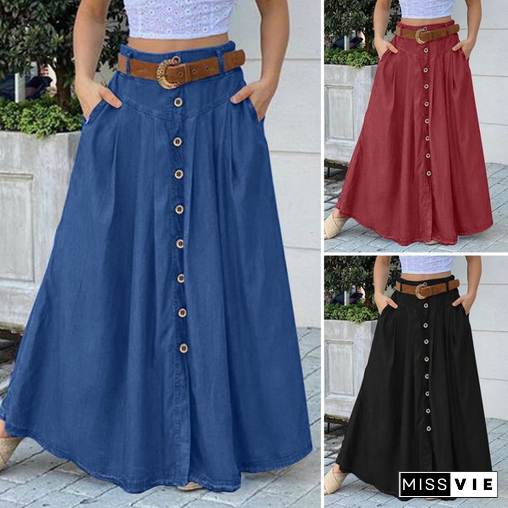 Women Fashion Solid Color Buttons Denim Long Skirts Vintage Long Dresses