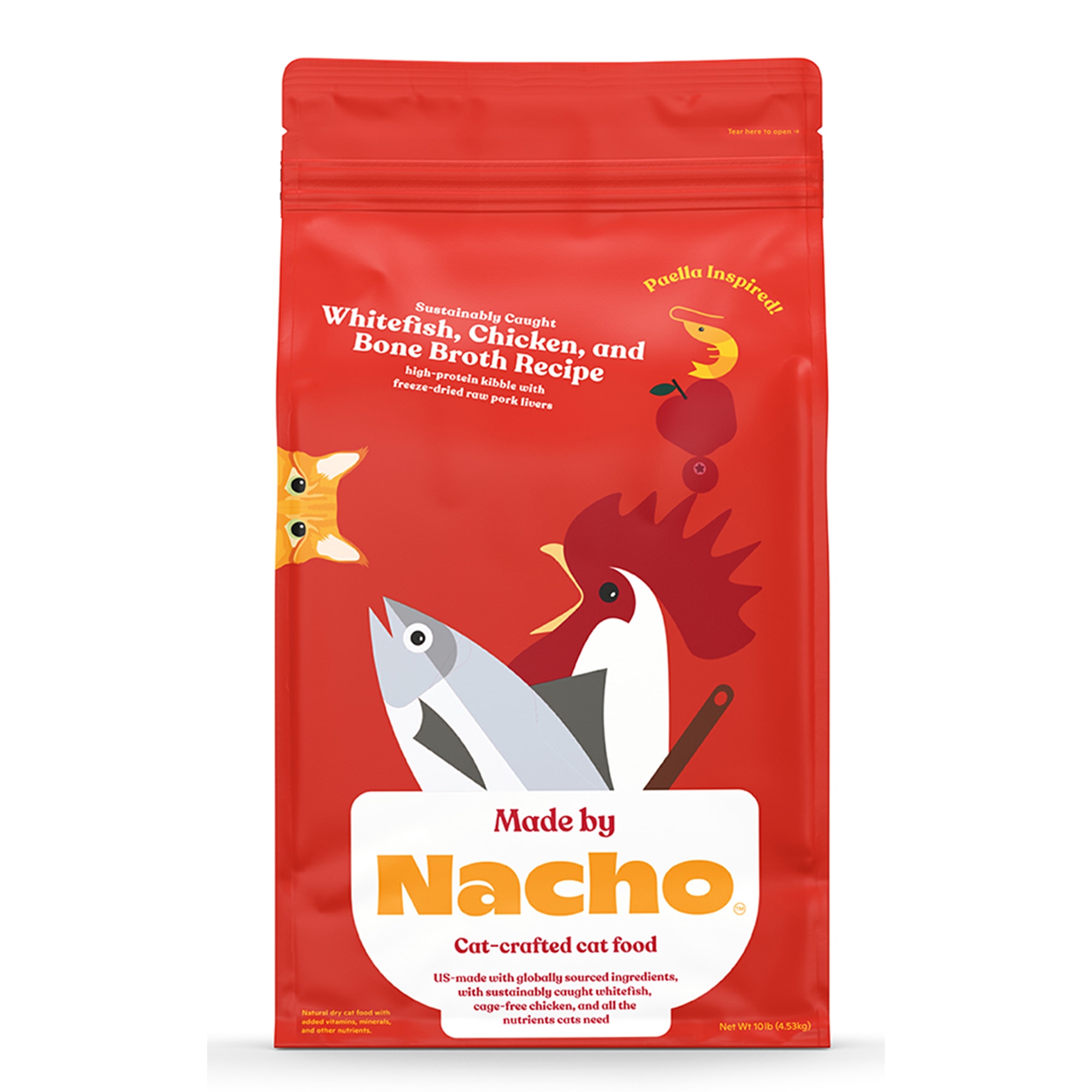 Made by Nacho Sustainably Caught Whitefish， Chicken and Bone Broth Recipe with Freeze-Dried Pork Livers Dry Cat Food， 10 lbs.