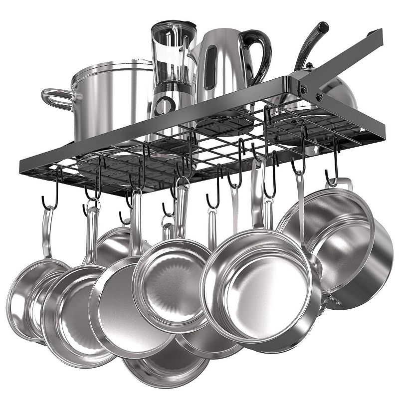 Wall Mounted Kitchen Pot Rack with Moveable Hooks and Grid