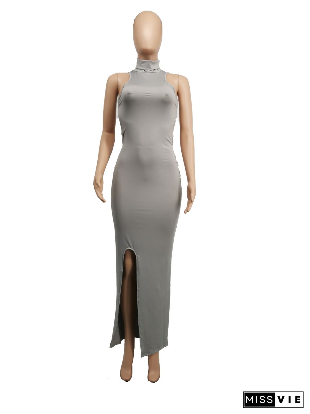 Solid Color Turtleneck Sleeveless Sexy Hollow Out Backless High Waist Skinny Split Party Long Dress