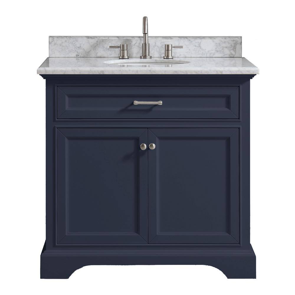 Home Decorators Collection Windlowe 37 in. W x 22 in. D x 35 in. H Bath Vanity in Navy Blue with Carrara Marble Vanity Top in White with White Sink 15101-VS37C-NB