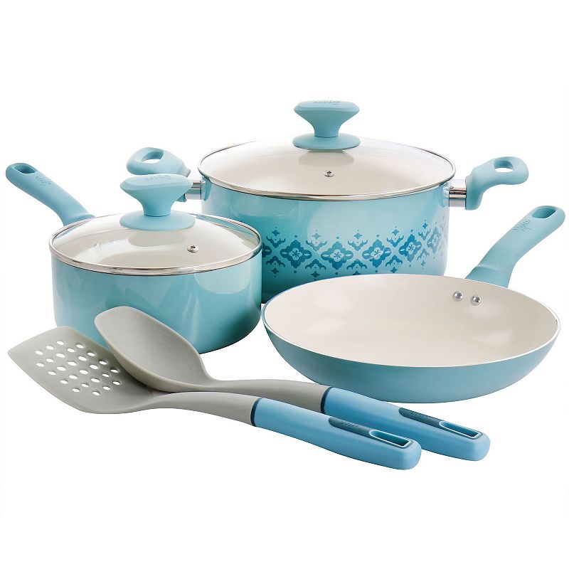 Spice By Tia Mowry Savory Saffron 7 Piece Ceramic Nonstick Aluminum Cookware Set with Nylon Utensils