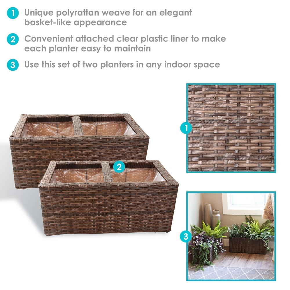 Sunnydaze 2 Section Rectangle Polyrattan Indoor Planters   Set of 2