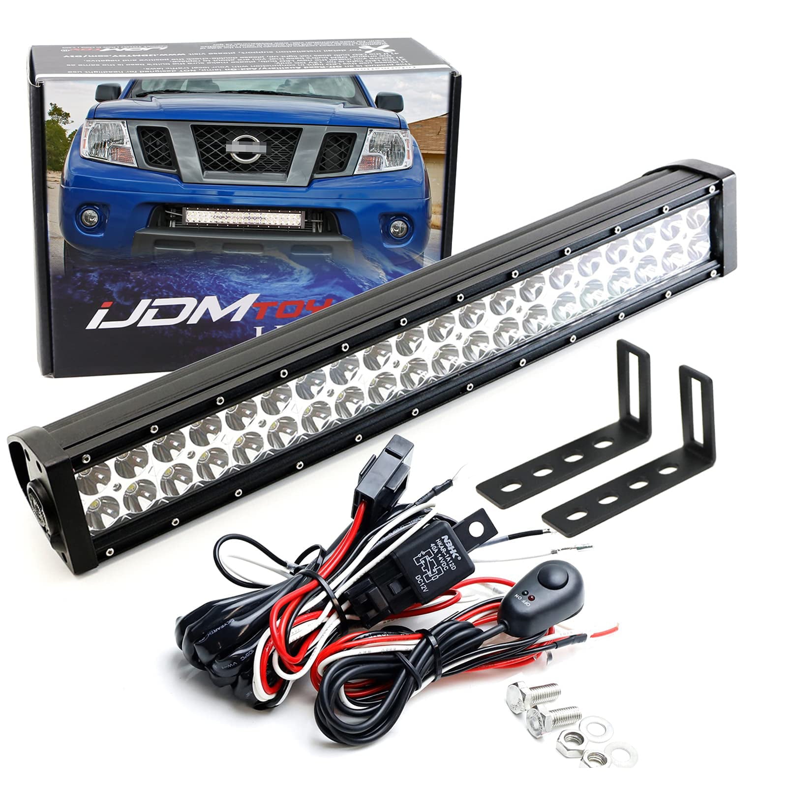 iJDMTOY Lower Grille 20-Inch LED Light Bar Kit Compatible With 2004-18 Nissan Frontier， Includes (1) 120W LED Lightbar， Lower Bumper Opening Mounting Brackets and On/Off Switch Wiring Kit