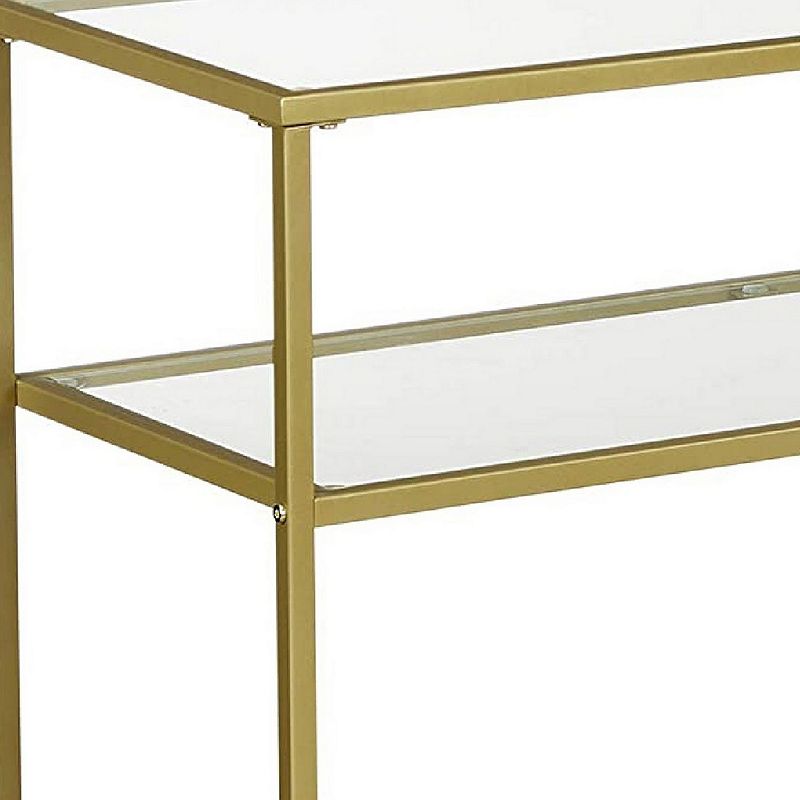 Kin 39 Inch Sofa Console Table， Metal Frame， Tempered Glass Shelves， Gold