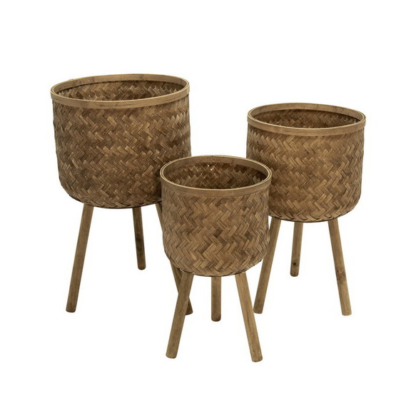 Benjara BM229452 Round Bamboo Planters with Angled...