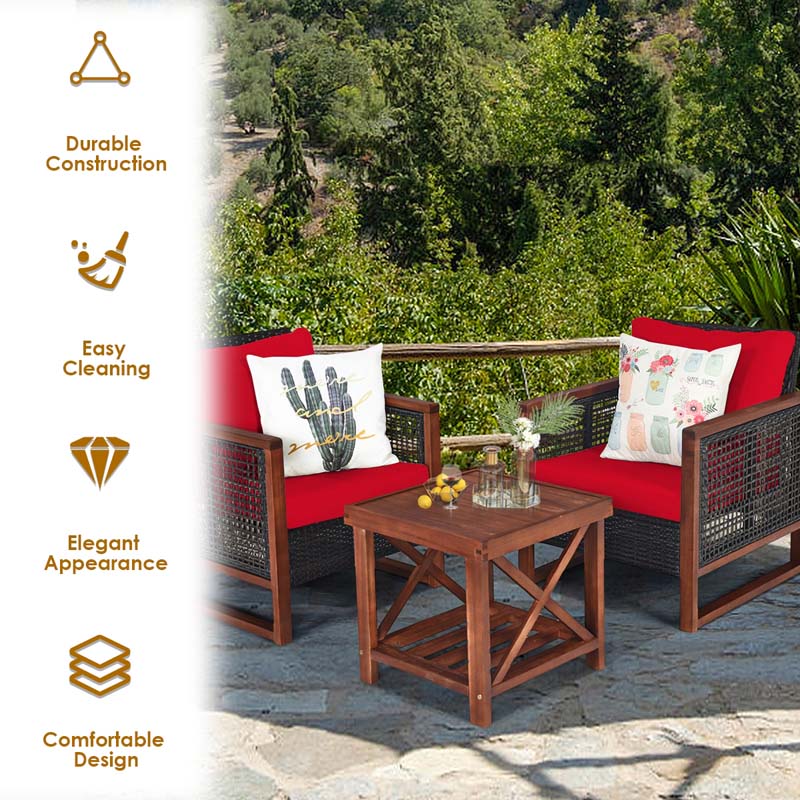 3 Pcs Rattan Patio Furniture Sofa Set Outdoor Conversation Bistro Set with Acacia Wooden Frame & Cushions