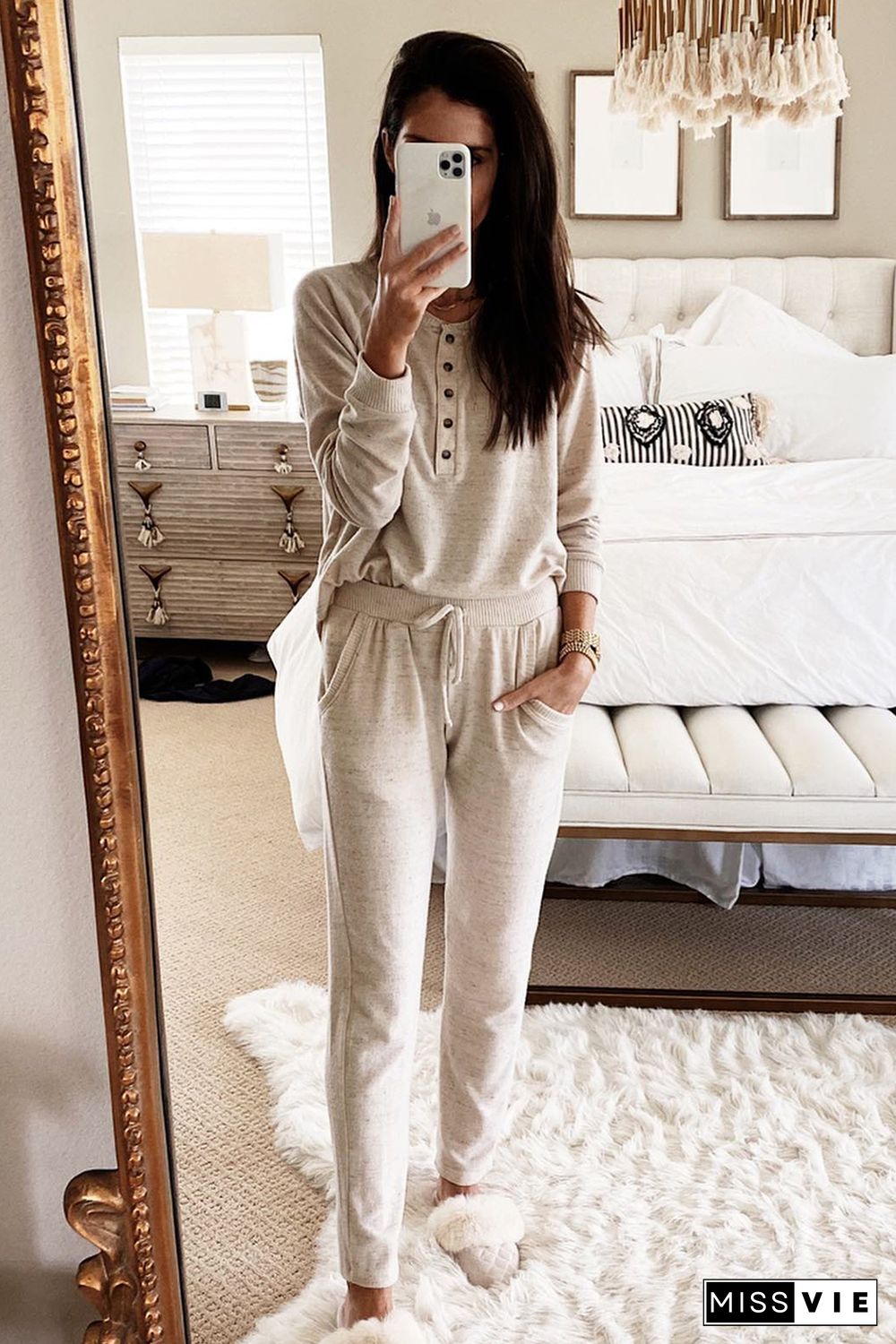 Apricot Long Sleeve Button Top and Drawstring Pants Set