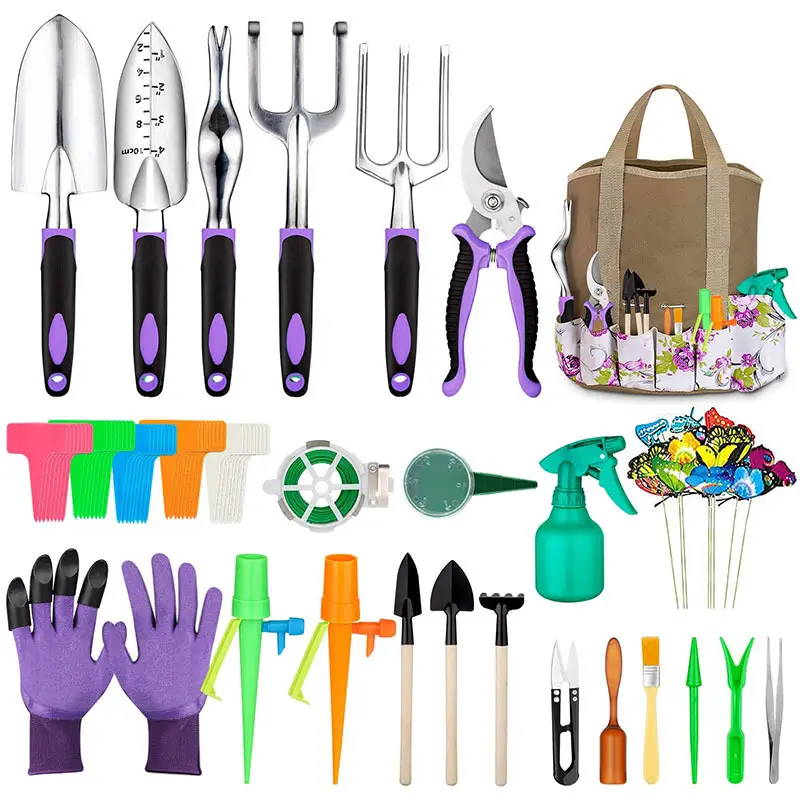 OEM 50 Pcs Garden Tool Set Aluminum Hand Tool Kit Garden Canvas Apron with Storage Pocket Outdoor Heavy Duty Gardening Work Set