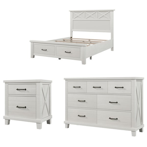 3 Pieces Bedroom Sets Queen Bed with 2 Drawers， Nightstand and Dresser - - 37970672