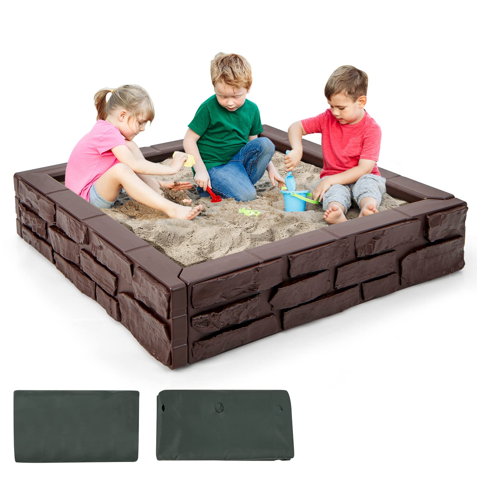 Costzon Kids Sandbox with Cover, 47” x 47” HDPE Sandpit with Oxford Cover, Bottom Liner