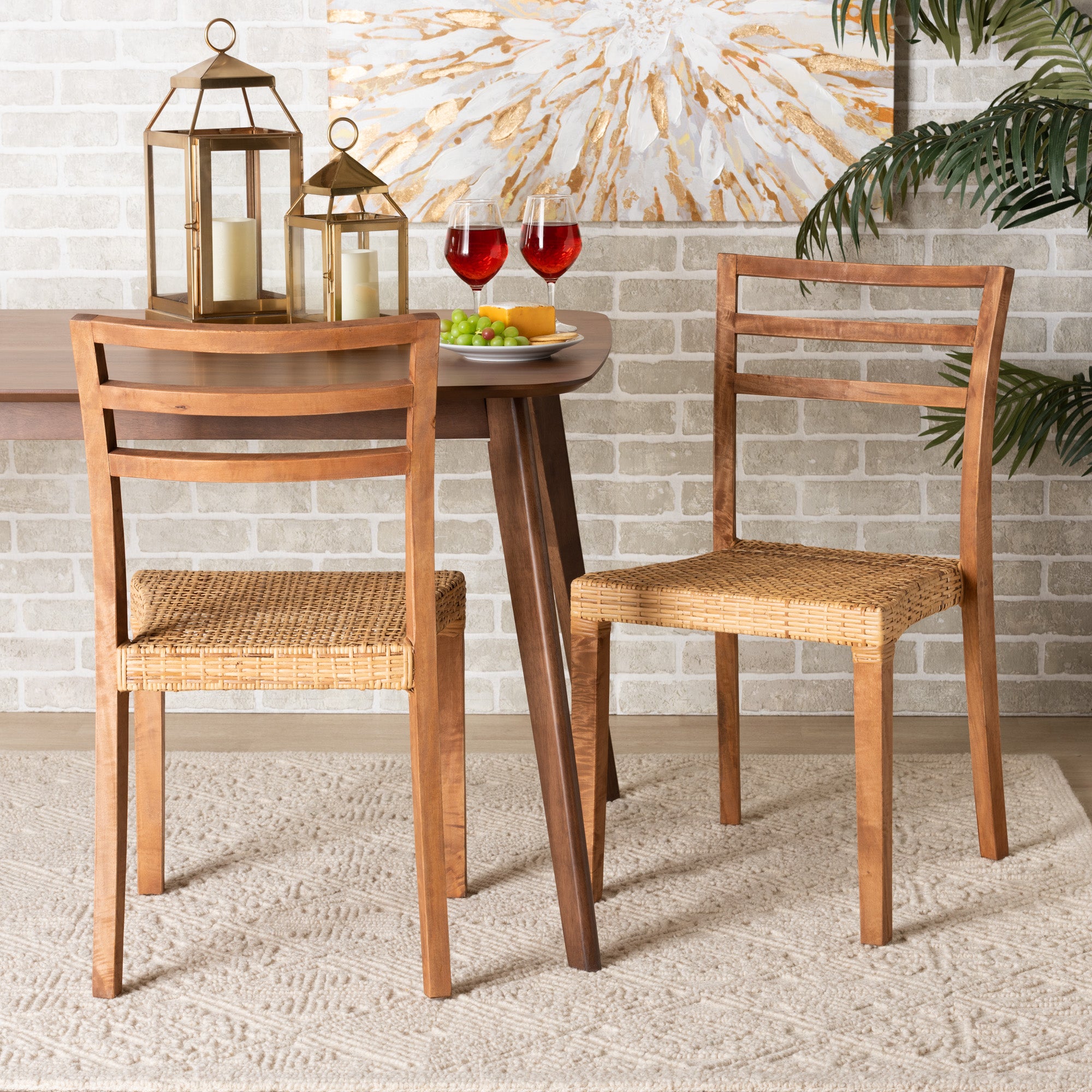 Baxton Studio Arthur Mid-Century Modern Walnut Brown Finished Wood and Natural Rattan 2-Piece Dining Chair Set