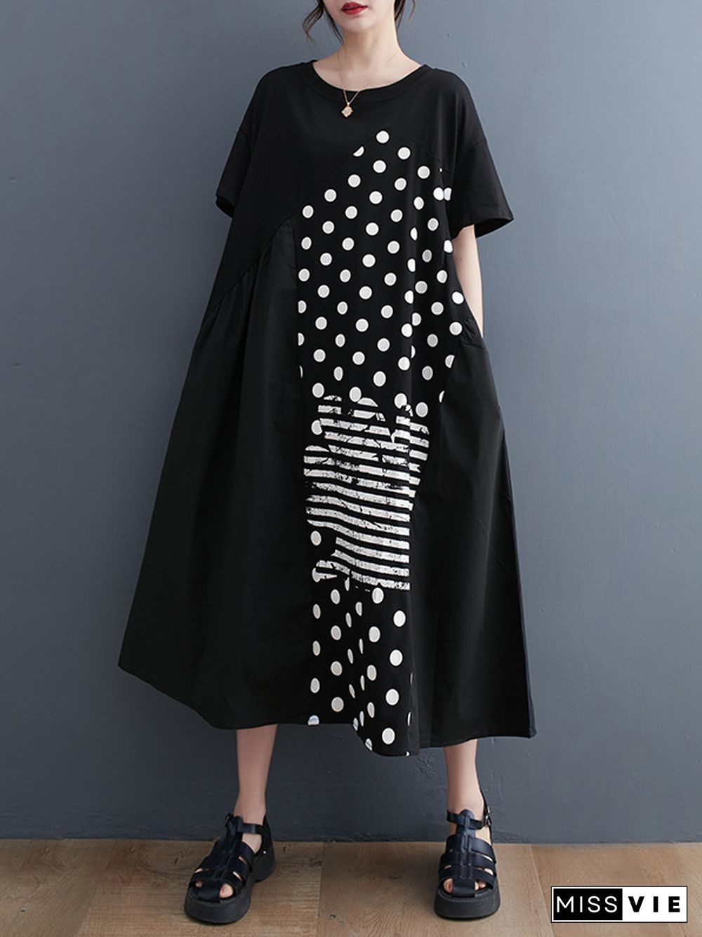 Irregularity Oversize Printed Striped Polka-Dot Split-Joint Round-Neck Midi Dresses