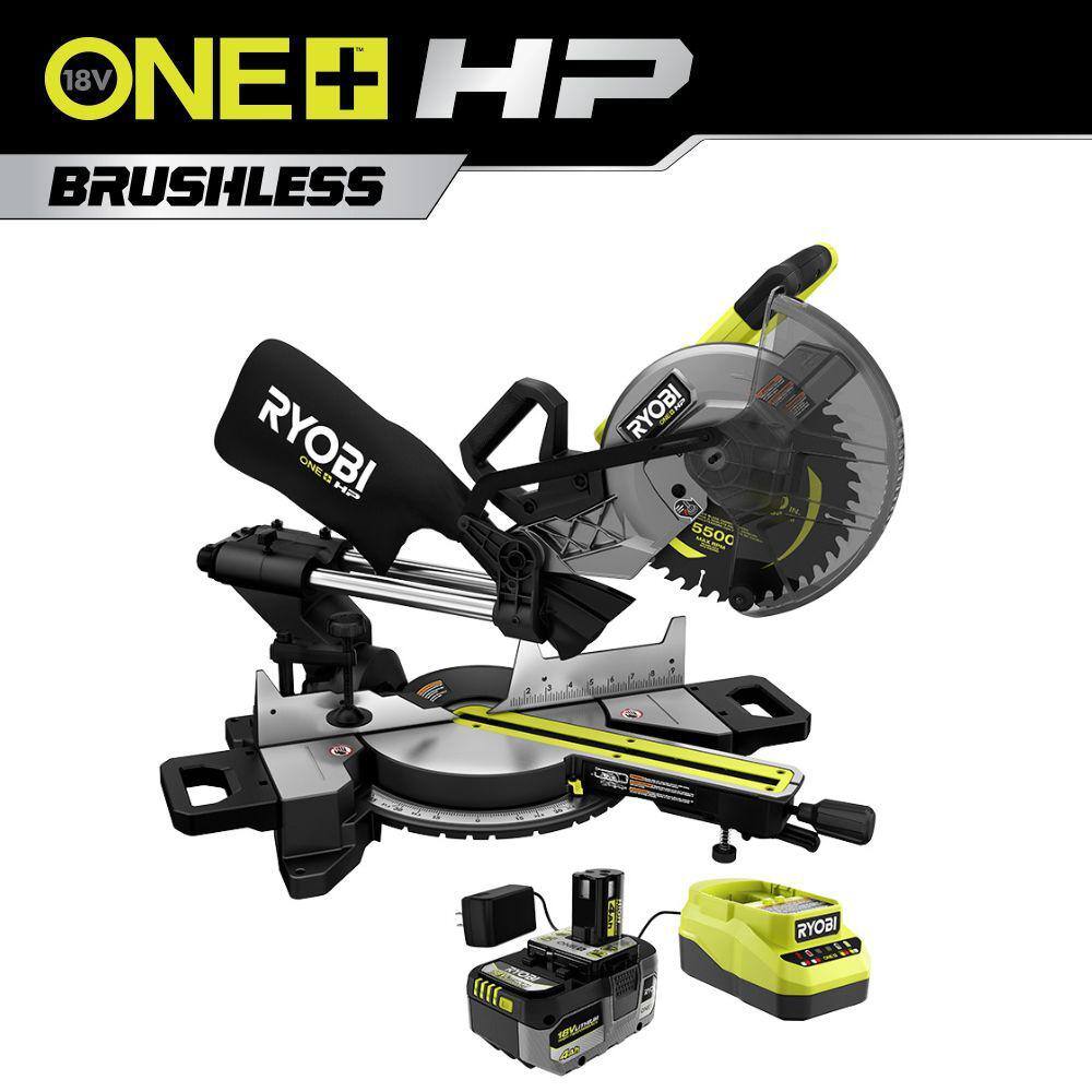 RYOBI ONE+ HP 18V Brushless Cordless 10 in. Sliding Compound Miter Saw Kit with 4.0 Ah HIGH PERFORMANCE Battery and Charger PBLMS01K