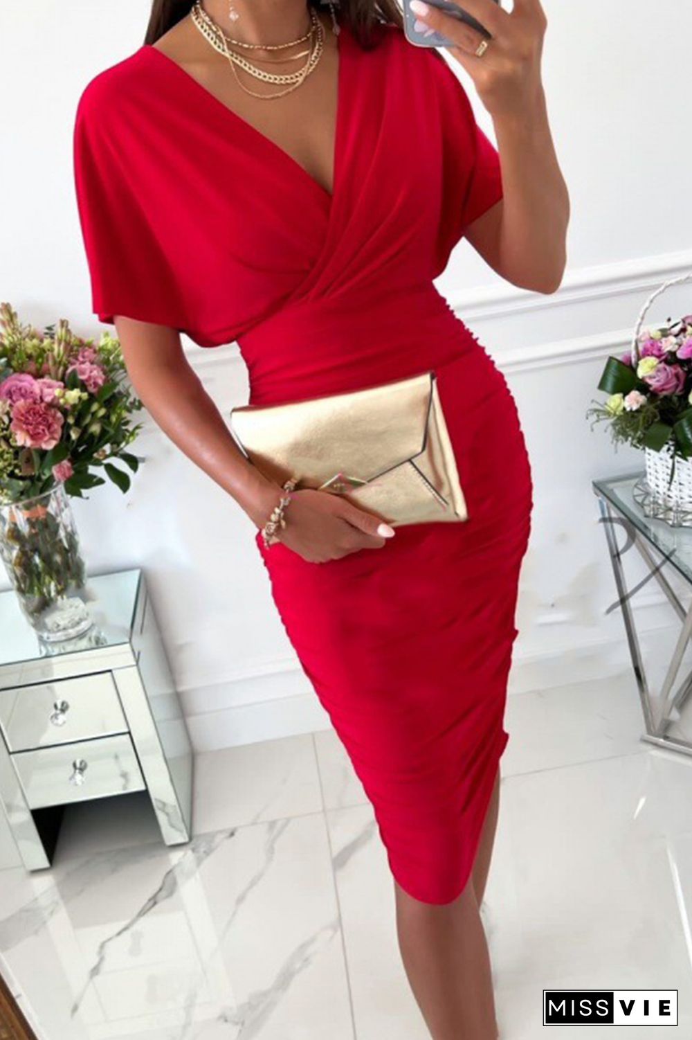 Bat Sleeve V Neck Ruched Midi Dress