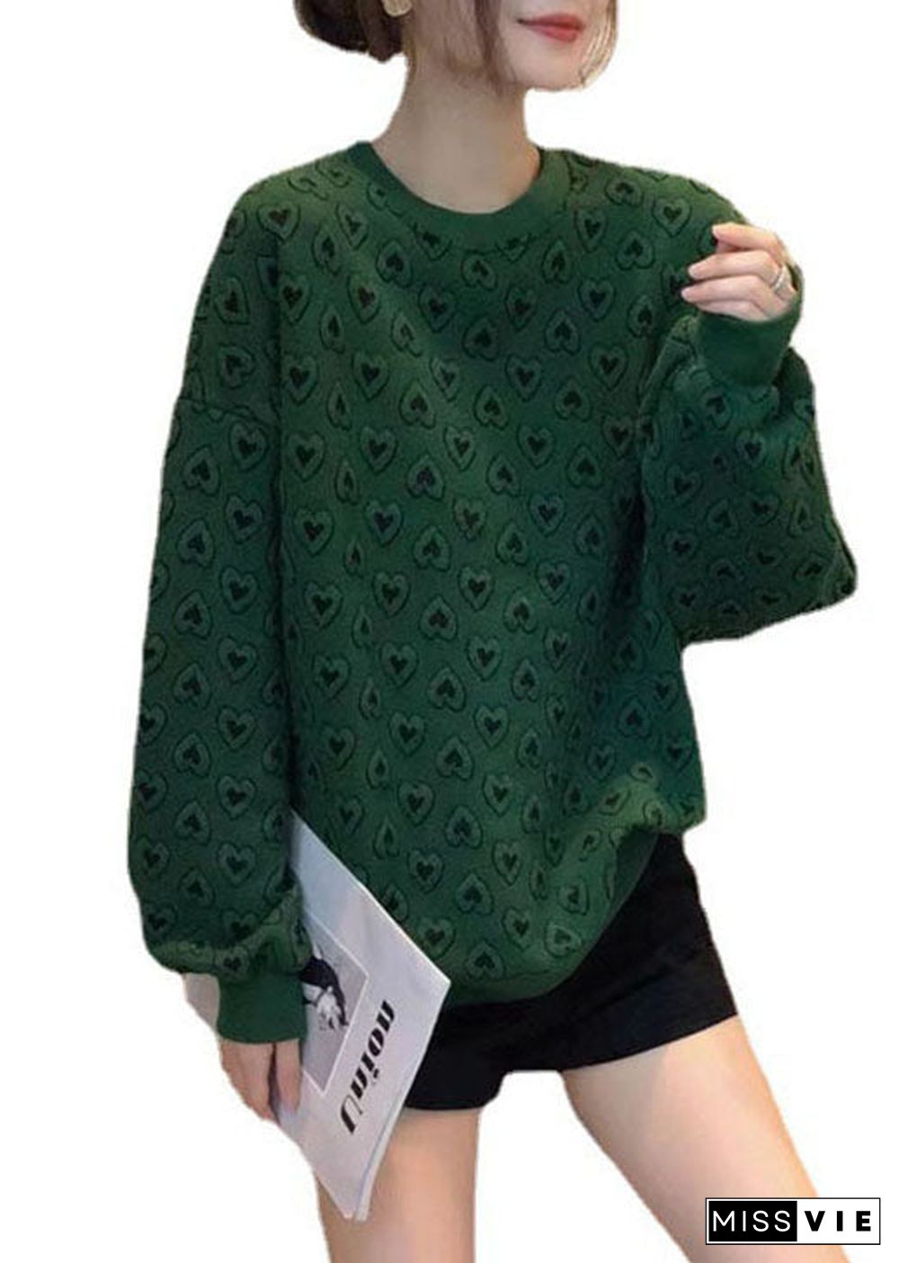 New Green O-Neck Print Cute Fall Sweatshirts Top