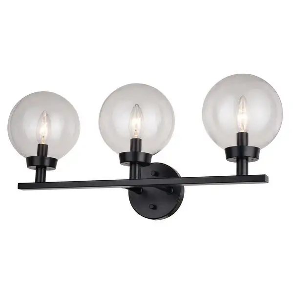 Lander Matte Black Bathroom Vanity Wall Fixture with Clear Glass Globes