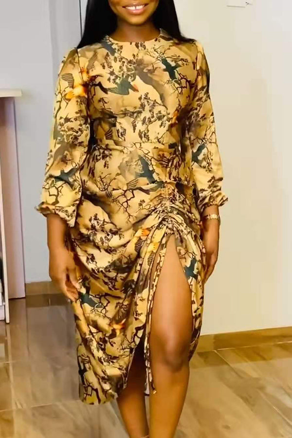 Elegant Round Neck Print Pleated Slit Midi Dress