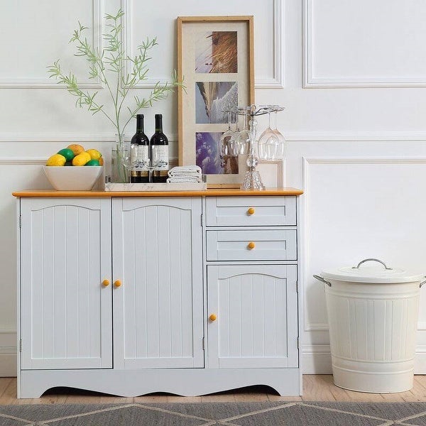 White Sideboard Buffet Cabinet with Light Wood Finish Top and Knobs - 31.5'' H x 43.7'' W x 15.75'' D